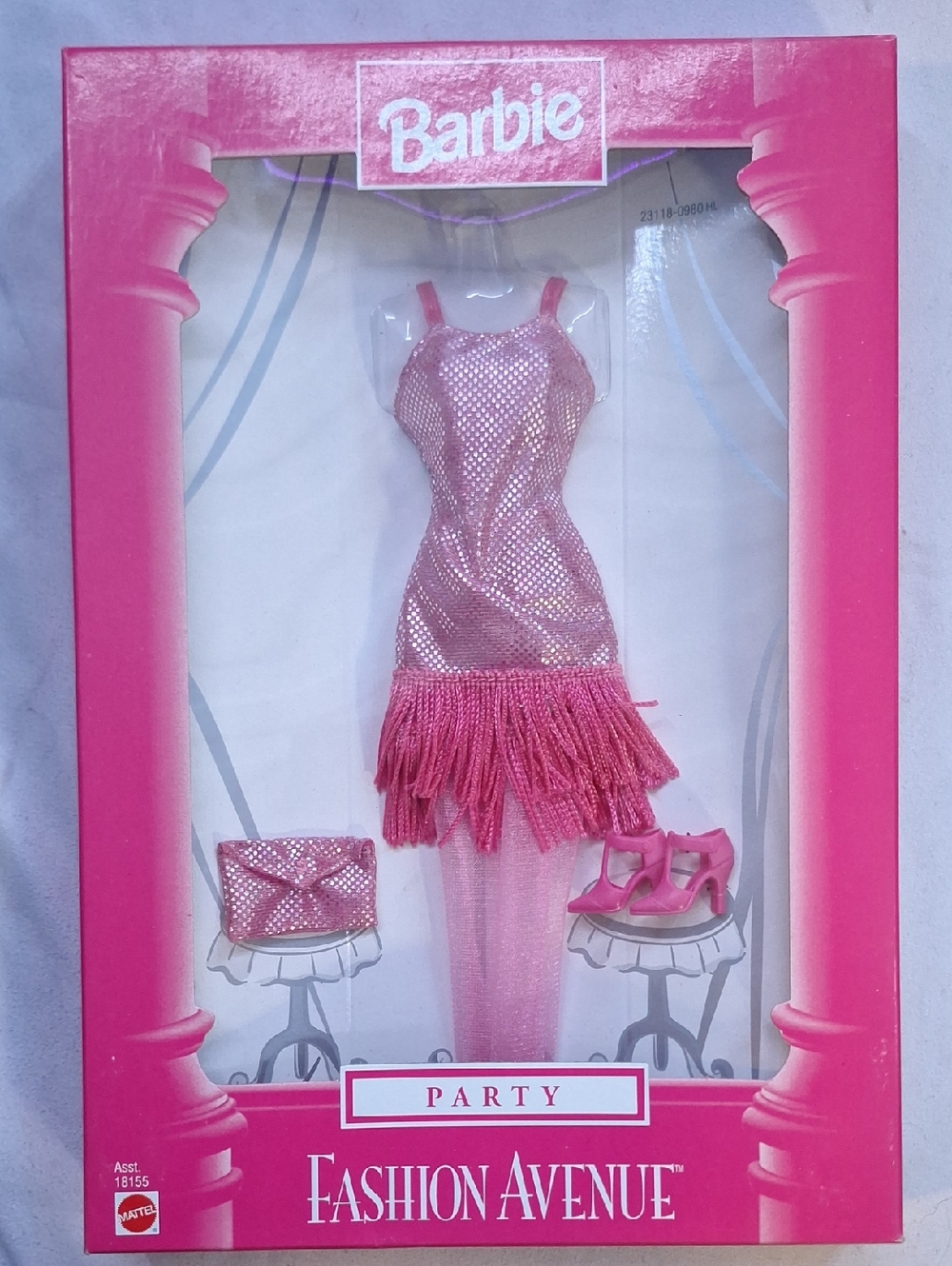 Barbie Pink Sparkle Fringe Party Dress with Clutch & Heels